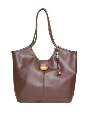Steve Madden Brown Leather Shoulder Tote with Decorative Charm
